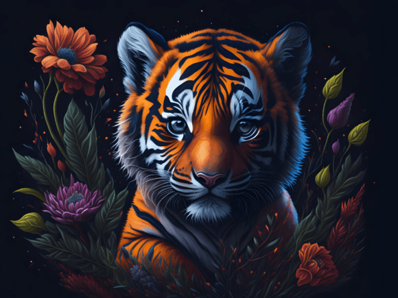Download Cute Floral Tiger Illustration Art 6 - Premium Bundle