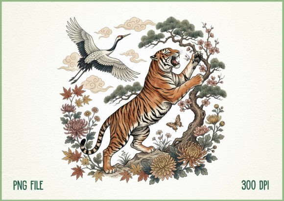 Download Vintage Japanese Tiger Crane Floral PNG - Tiger Collection